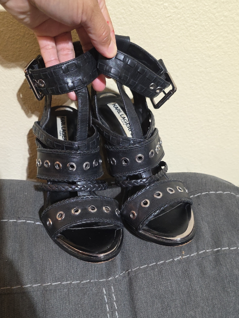 Karl Lagerfeld Black Braided Grommet Ankle-Strap Block Heels